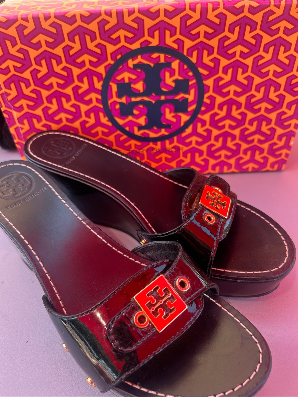 Tory Burch Black Patent Slide Sandals with Red Logo